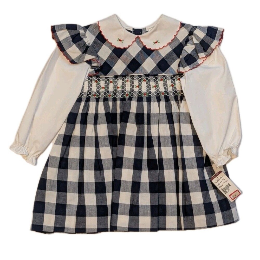 NWT Vintage Girl's Dress Hecht's Size 3T Long Sleeves Blue Plaid Collared Floral
